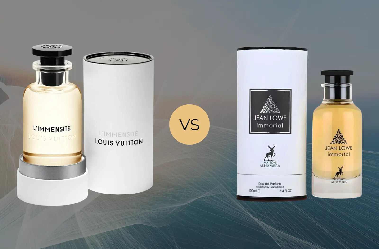 Jean Lowe Immortal vs Louis Vuitton L'Immensité parfyme sammenligning flasker side ved side