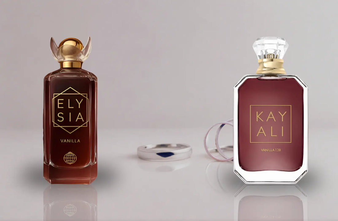Elysia Vanilla vs Kayali Vanilla 28 parfyme sammenligning flasker