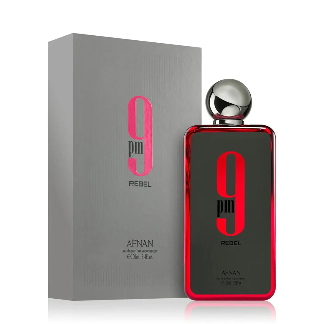 Bilde av esken og parfymeflasken side om side av 9pm Rebel Perfume 100ml EDP Afnan