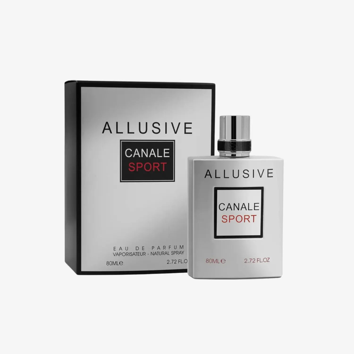 Esken og parfymeflasken til Allusive Canale Sport Perfume 80ml EDP Fragrance World side om side