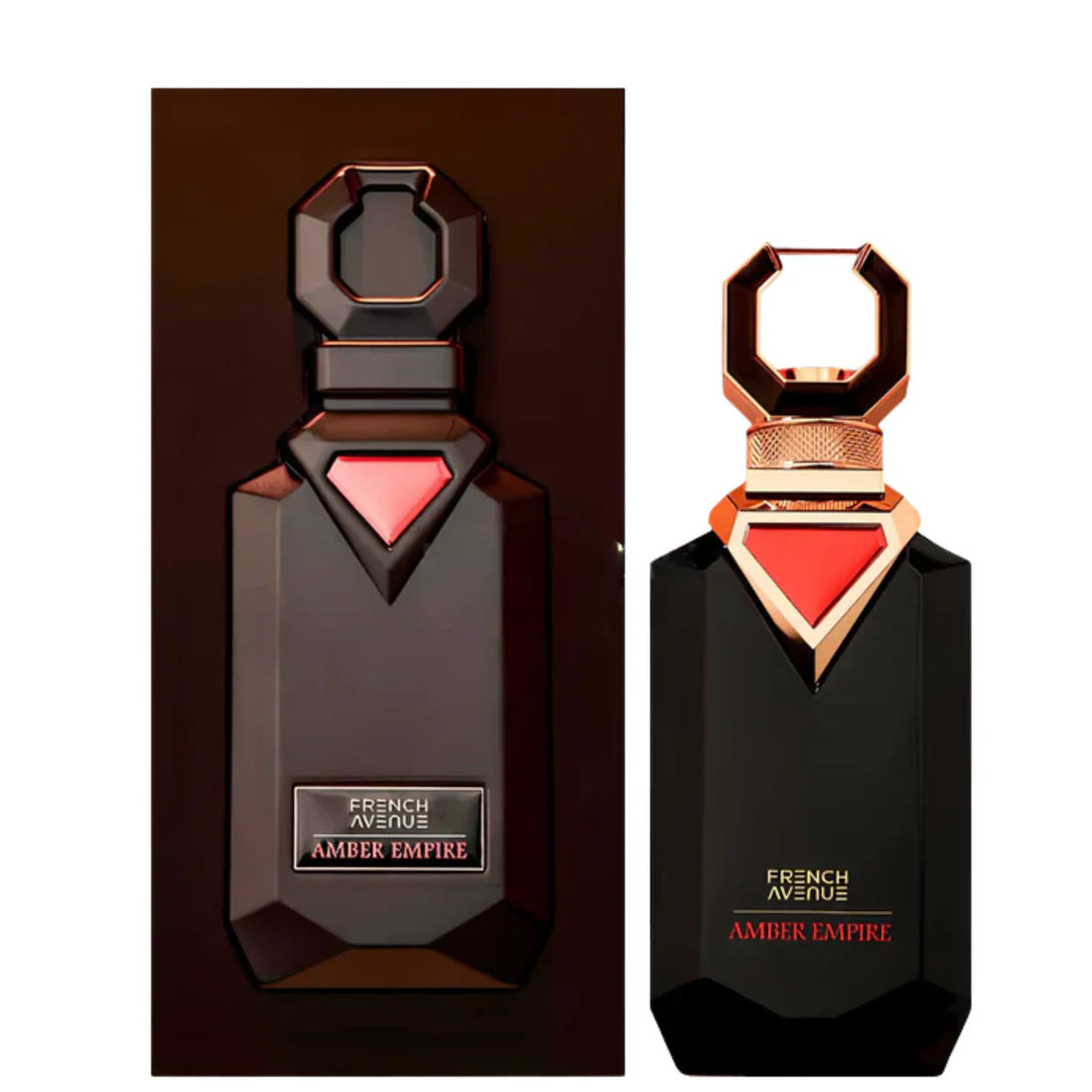 Bilde ab esken og parfymeflasken side om side av Amber Empire Perfume 100ml EDP French Avenue