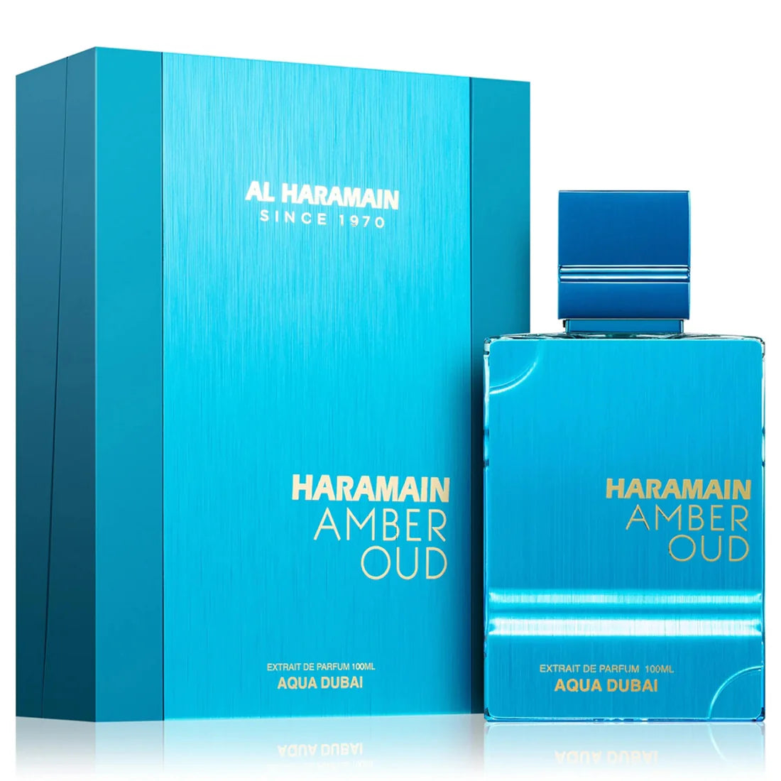 Esken og parfymeflasken side om side av Al Haramain Amber Oud Aqua Dubai