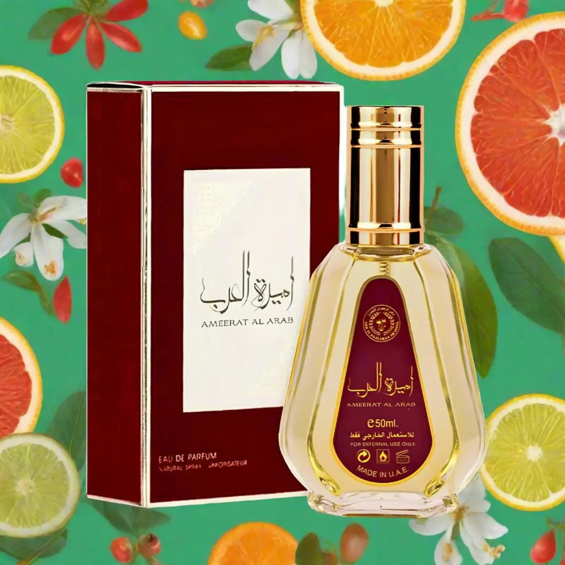 Bilde av esken og parfymeflasken til Ameerat Al Arab Perfume 50ml EDP Ard Al Zaafaran med bakgrunn