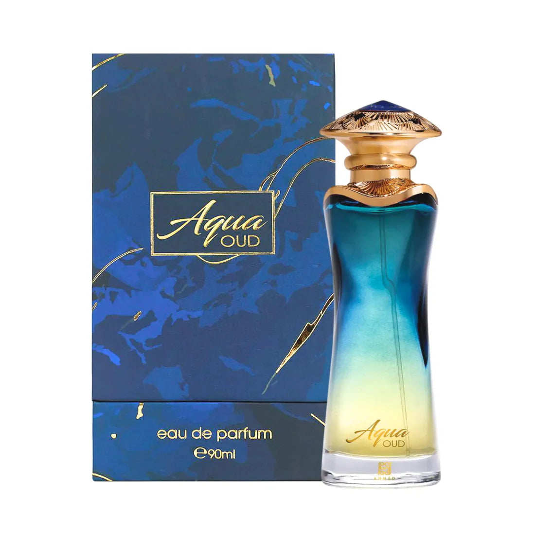 Esken og parfymeflasken til Aqua Oud Perfume 90ml EDP Ahmed Al Maghribi side om side