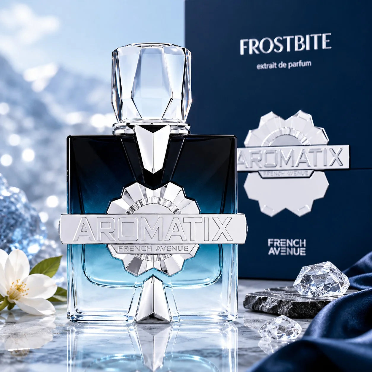 Parfymeflasken og esken til FRENCH AVENUE Aromatix Frostbite Parfyme