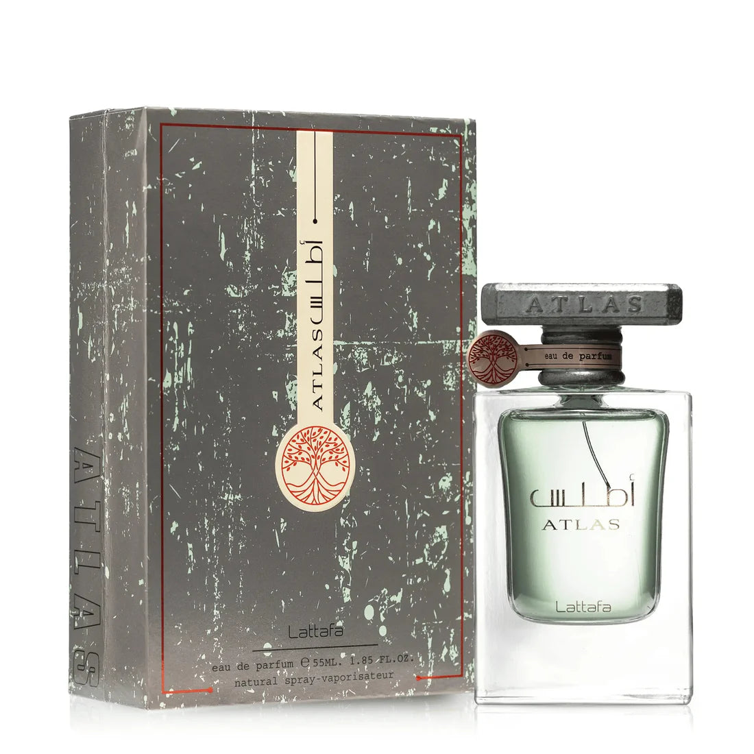Esken og parfymeflasken til Atlas Perfume 55ml EDP Lattafa side om side