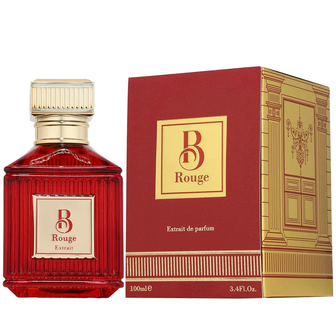 Parfymeflasken og esken side om side av B Rouge Extrait Perfume 100ml EDP Fragrance World
