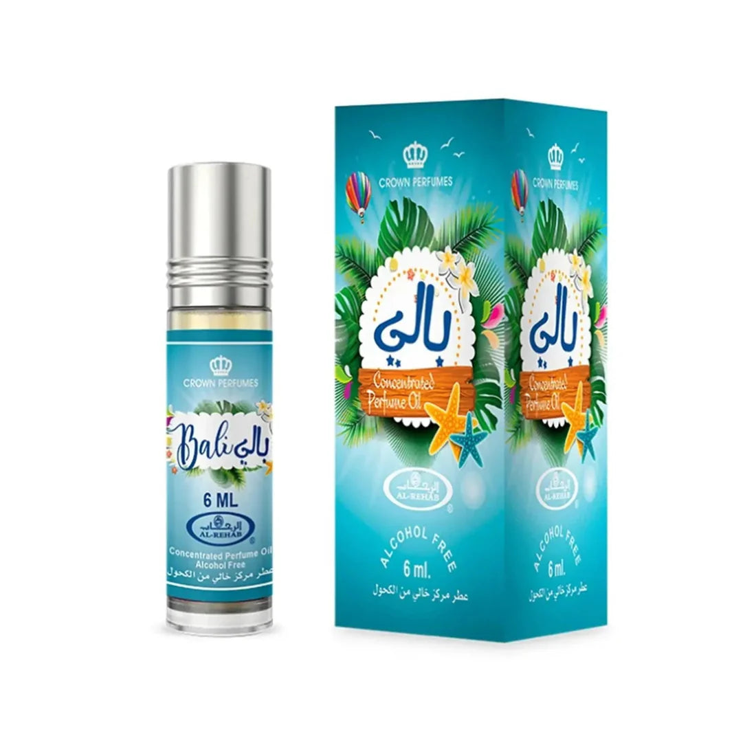 Bilde av flasken og esken til Bali Perfume Oil 6ml Al Rehab side om side