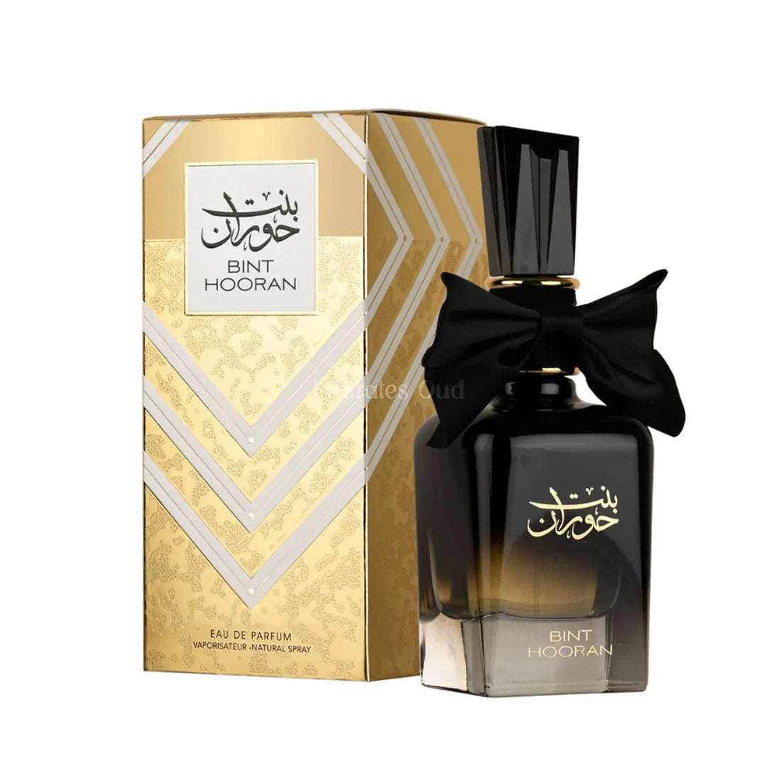 Esken og parfymeflasken side om side av Bint Hooran Perfume 100ml EDP Ard Al Zaafaran