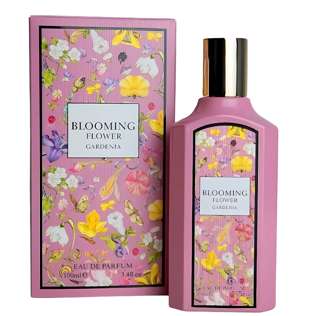 Esken og parfymeflasken side om side av Blooming Flower Gardenia 100ml EDP Fragrance World
