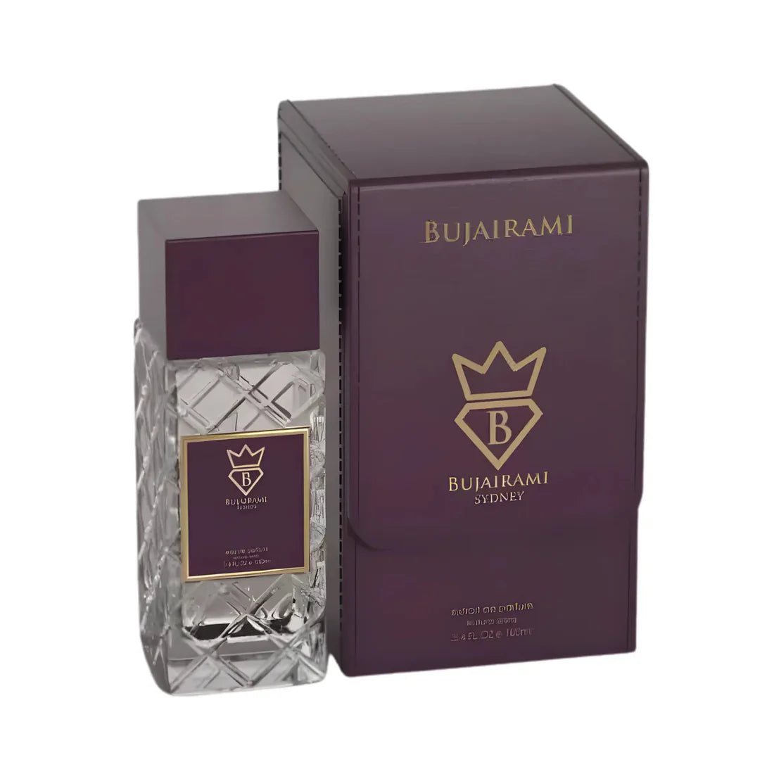 Parfymeflasken og esken til Bujairami Breathless 100ml Extrait De Parfum Bujairami Sydney side om side