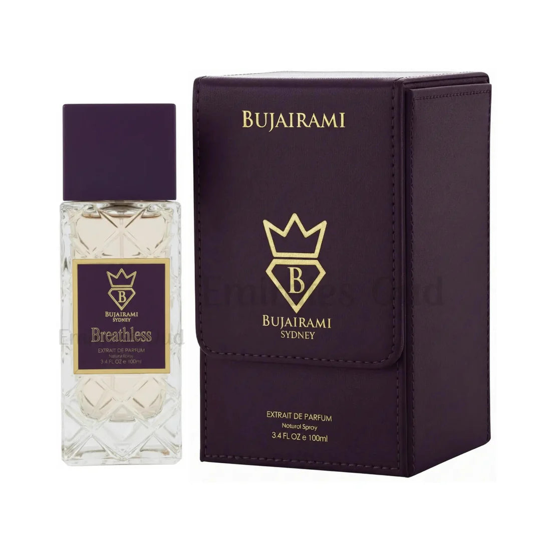 Parfymeflasken og esken til Bujairami Breathless 100ml Extrait De Parfum Bujairami Sydney side om side