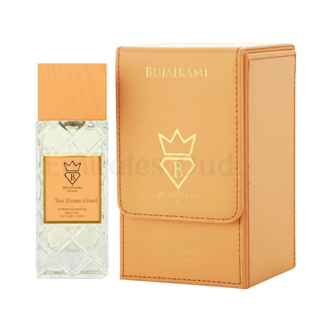 Parfymeflasken og esken side om side av Bujairami Too Damn Good 100ml Extrait De Parfum Bujairami Sydney
