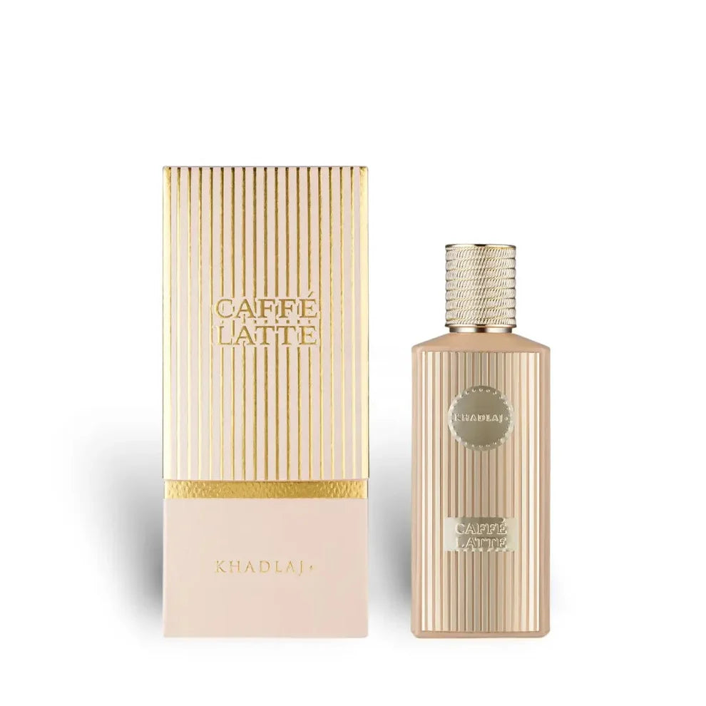 Esken og parfymeflasken side om side av Caffe Latte Perfume 100ml EDP Khadlaj