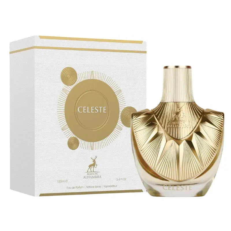 Esken og parfymeflasken side om side av Celeste Perfume 100ml EDP Maison Alhambra