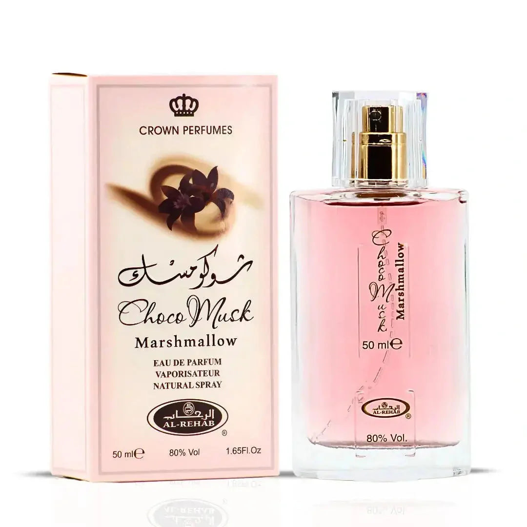 Bilde av esken og parfymeflasken til Choco Musk Marshmallow Perfume 50ml EDP Al Rehab side om side