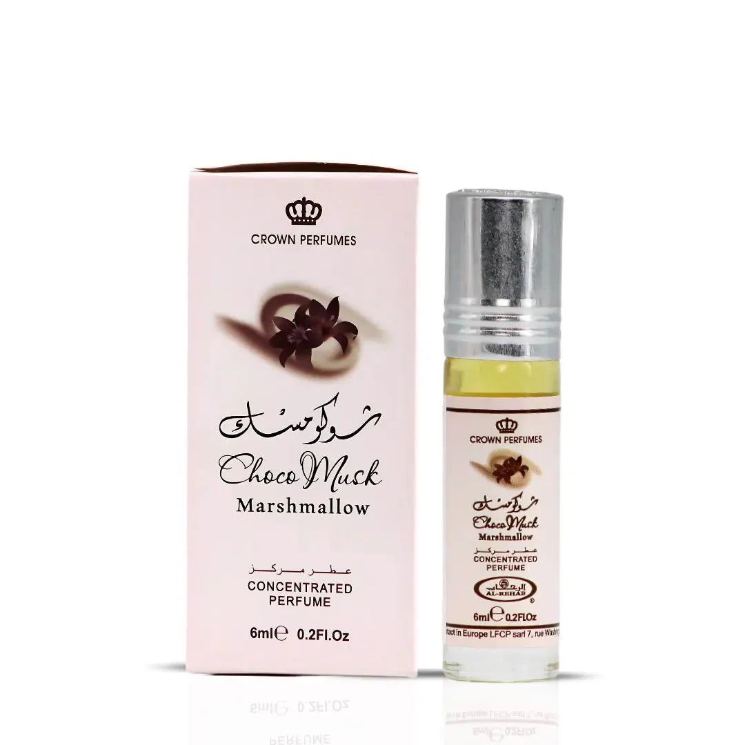 Bilde av esken og parfymeflasken side om side av Choco Musk Marshmallow Perfume Oil 6ml Al Rehab