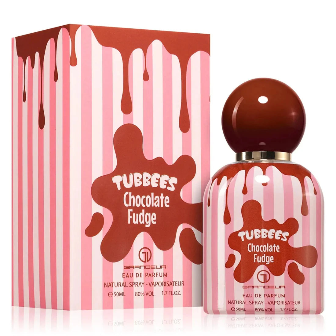 Bilde av esken pg parfymeflasken til Chocolate Fudge Perfume 50ml EDP Tubbees side om side