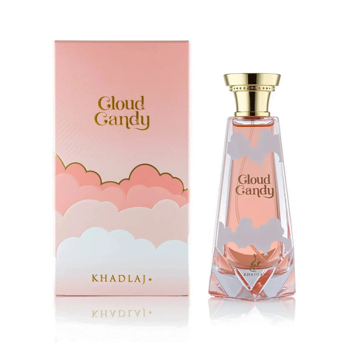 Esken og parfymeflasken side om side av Cloud Candy Perfume 100ml EDP by Khadlaj