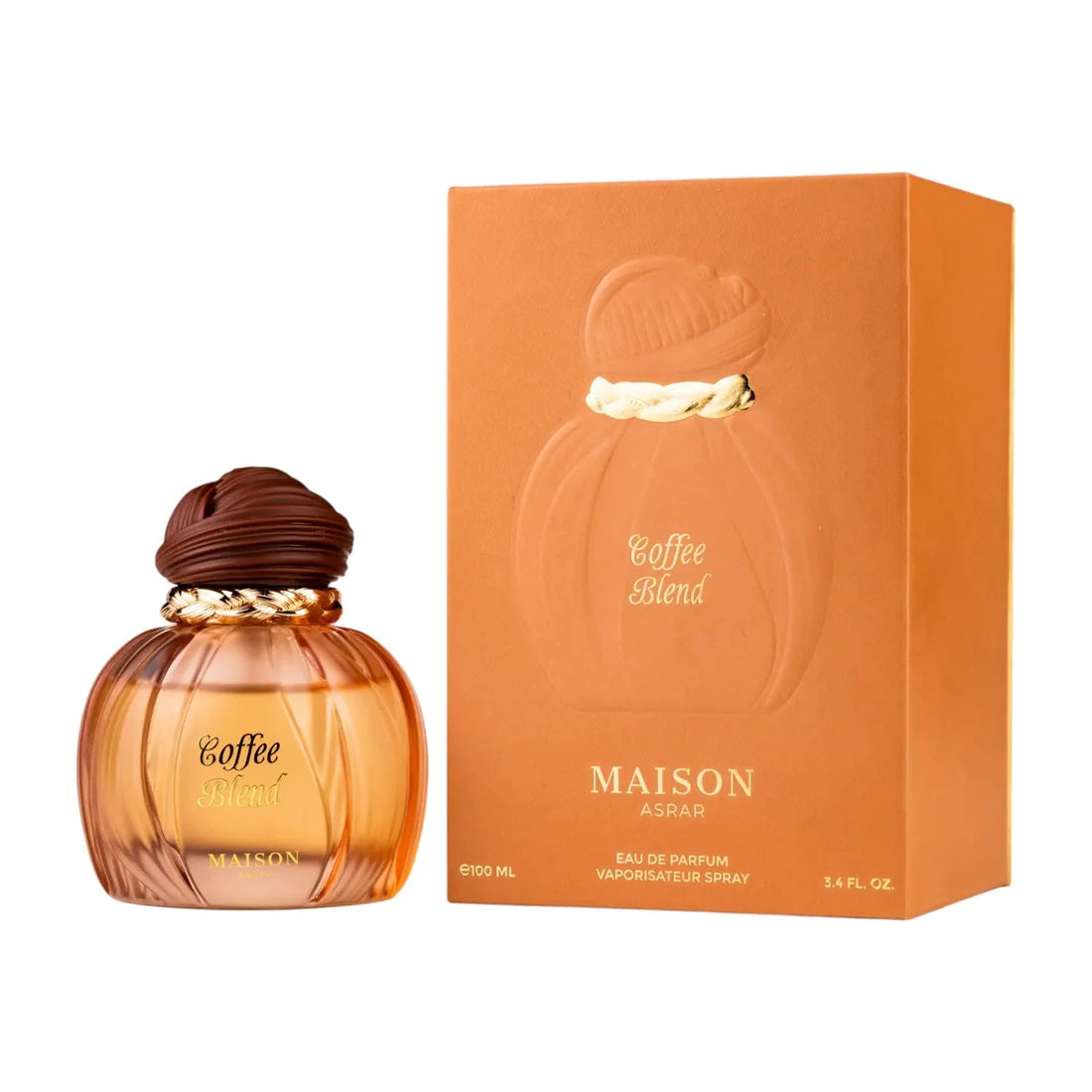 Parfymeflasken og esken til Coffee Blend Perfume 100ml EDP Maison Asrar side om side