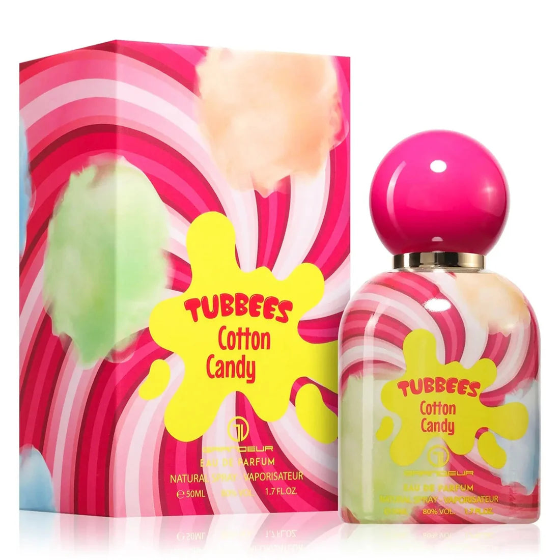 Bilde av esken og parfymeflasken side om side av Cotton Candy Perfume 50ml EDP Tubbees