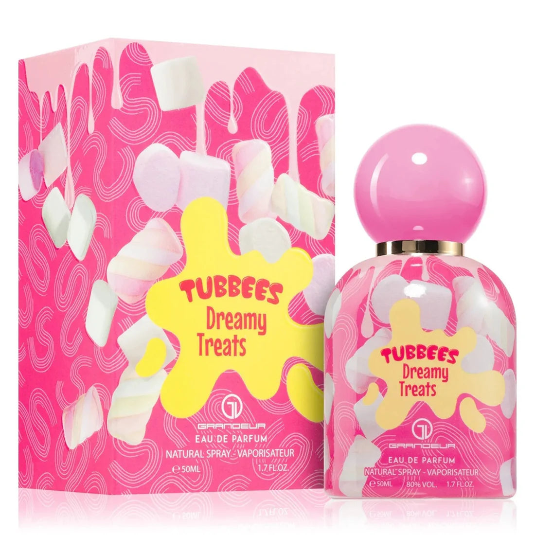 Bilde av esken og parfymeflasken til Dreamy Treats Perfume 50ml EDP Tubbees side om side