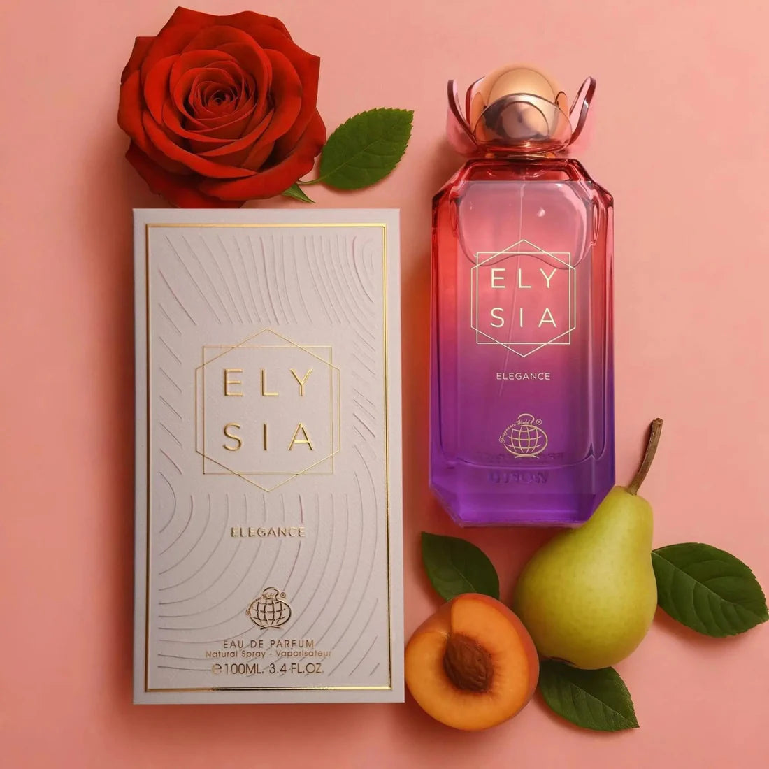 Dekorasjonsbilde som viser Elysia Elegance Perfume 100ml EDP Fragrance World sammen med rose, pære og fersken.