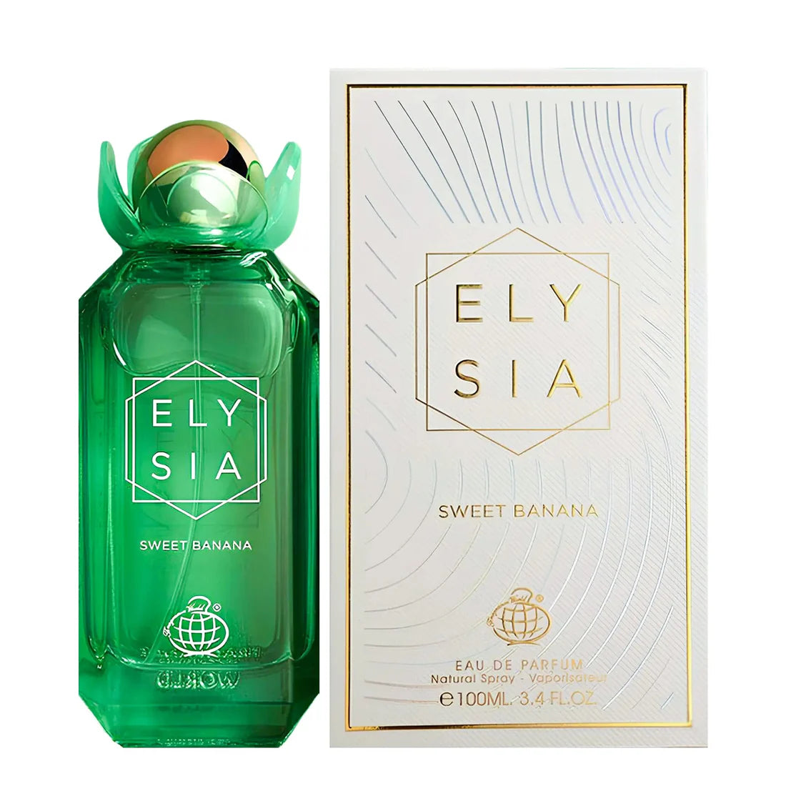 Flaske ved siden av esken til Elysia Sweet Banana Perfume 100ml EDP Fragrance World