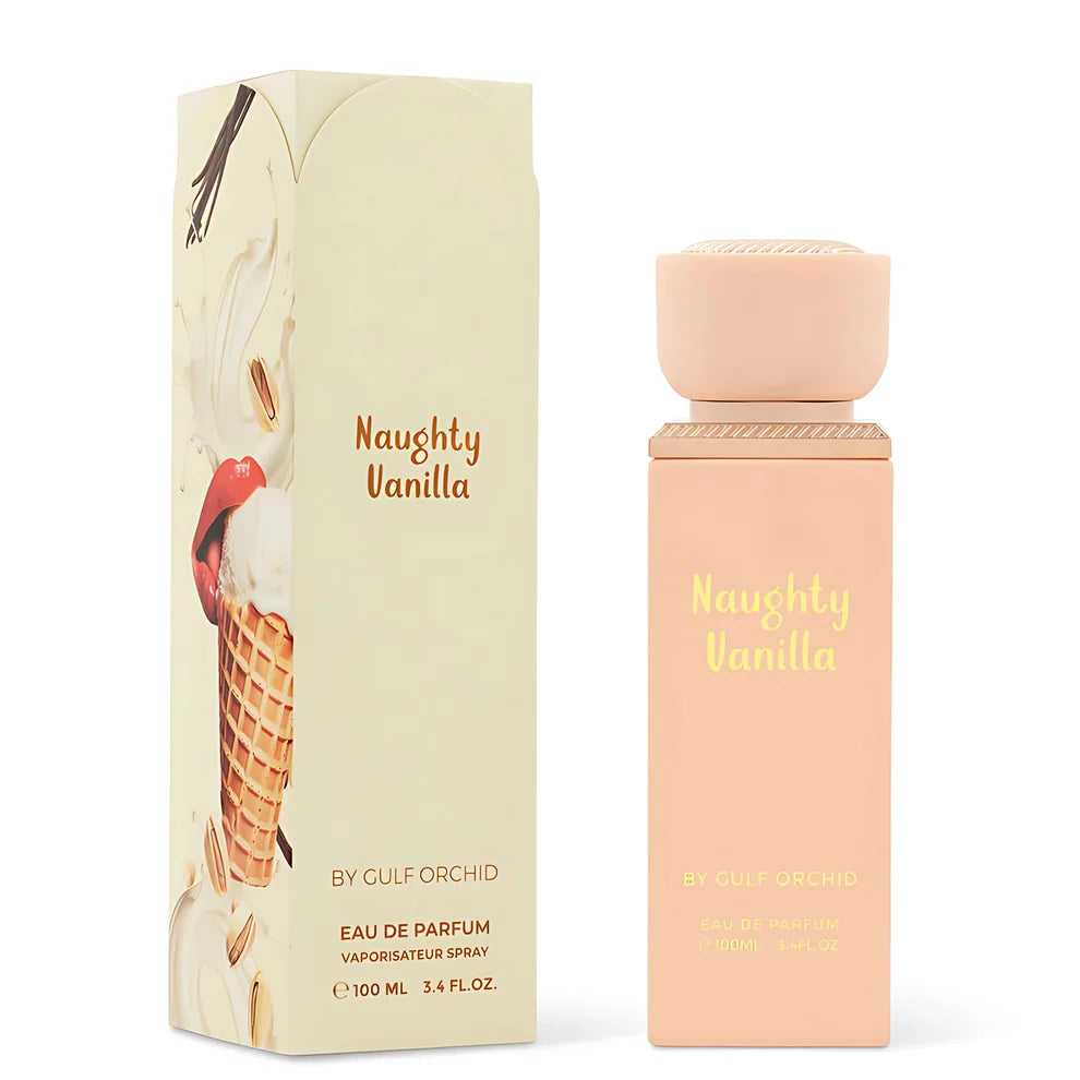 Esken og parfymeflasken til Gulf Orchid Naughty Vanilla Parfyme