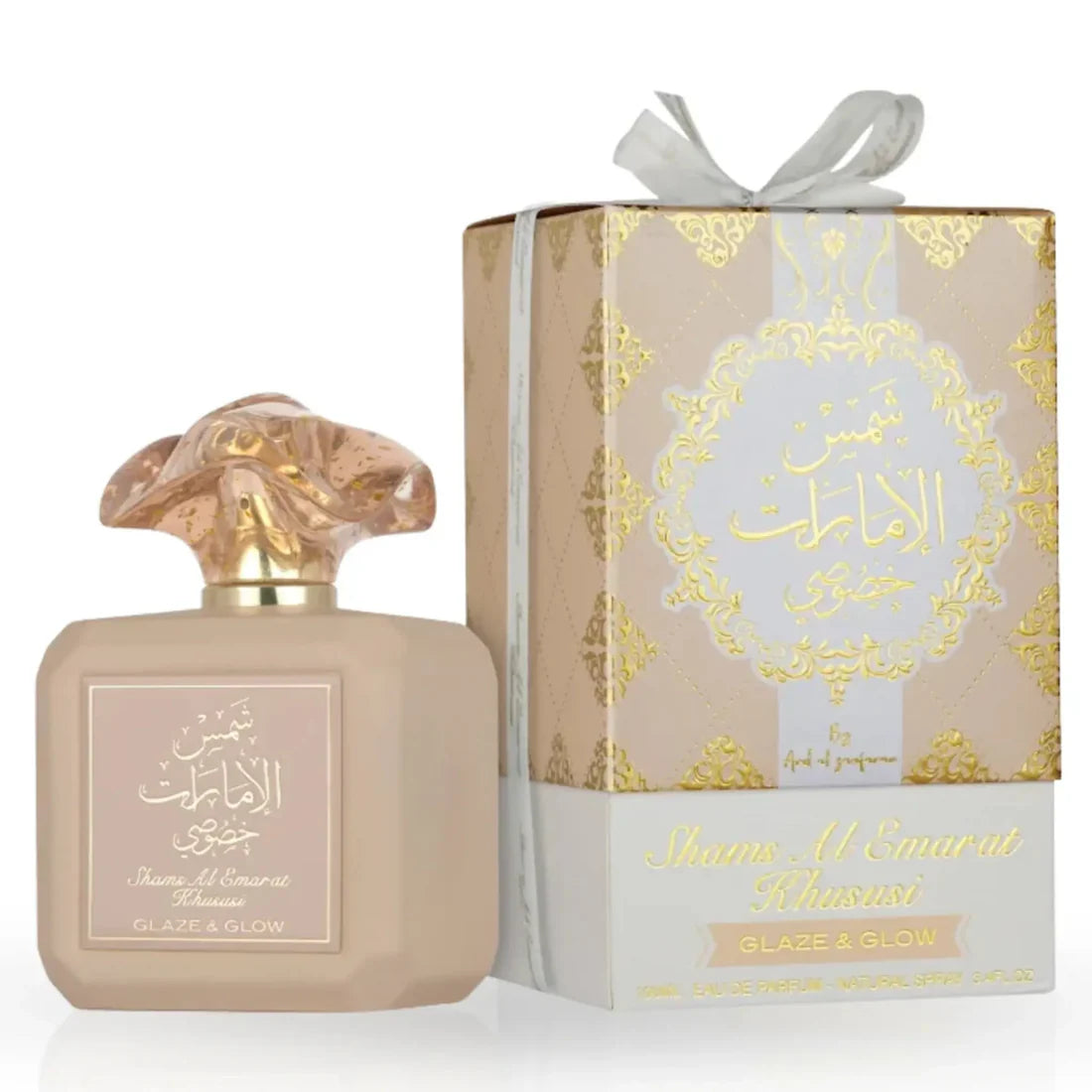 Parfymeflasken og esken side om side av Shams Al Emarat Glaze And Glow 