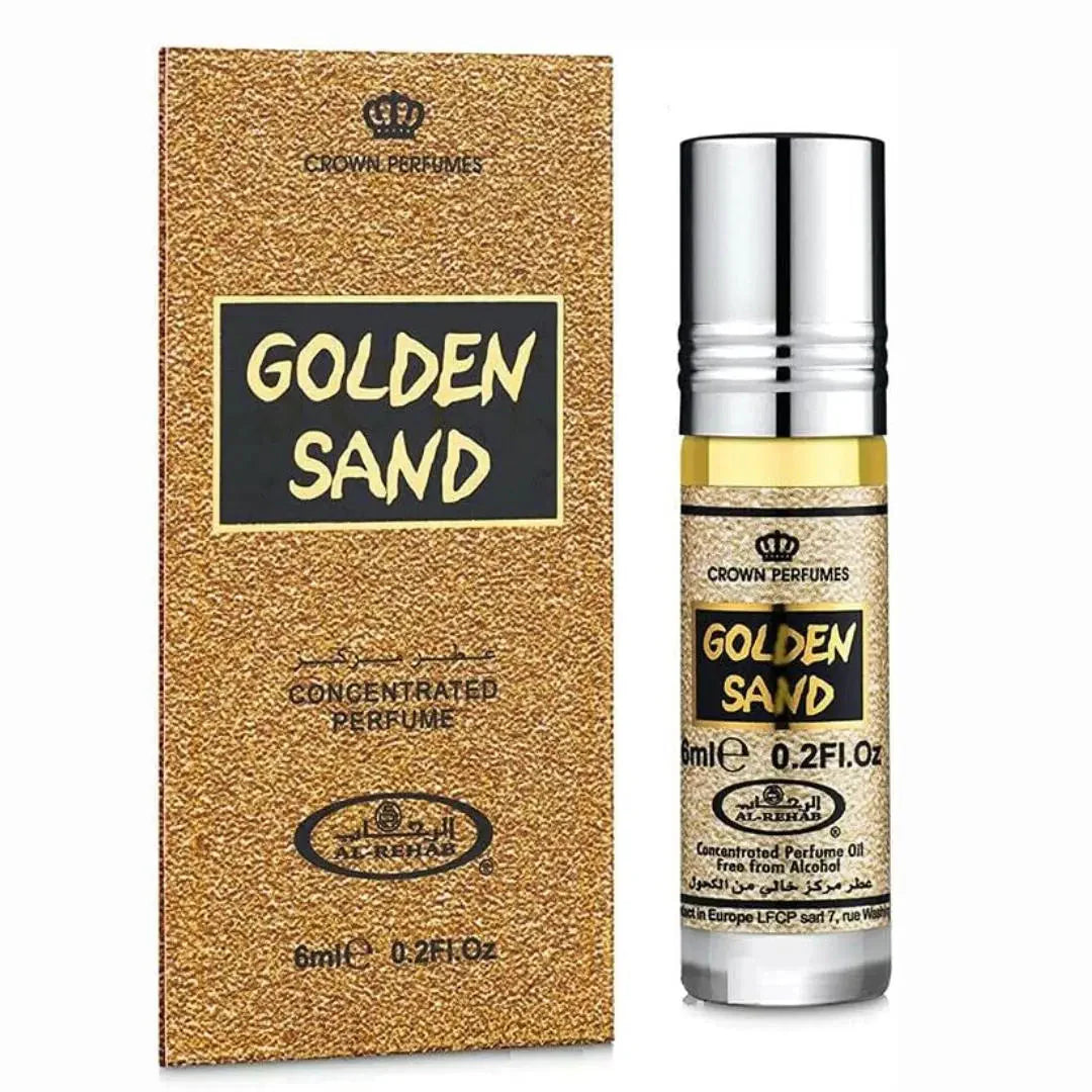 Bilde av esken og flasken til Golden Sand Perfume Oil 6ml Al Rehab side om side