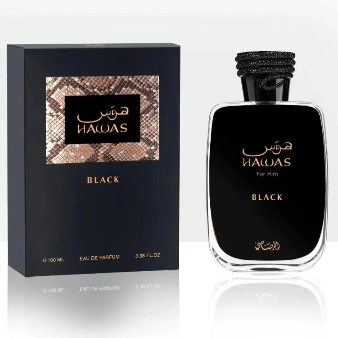 Esken og parfymeflasken til Hawas Black For Him Perfume 100ml EDP Rasasi side om side