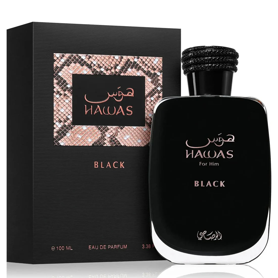 Esken og parfymeflasken til Hawas Black For Him Perfume 100ml EDP Rasasi