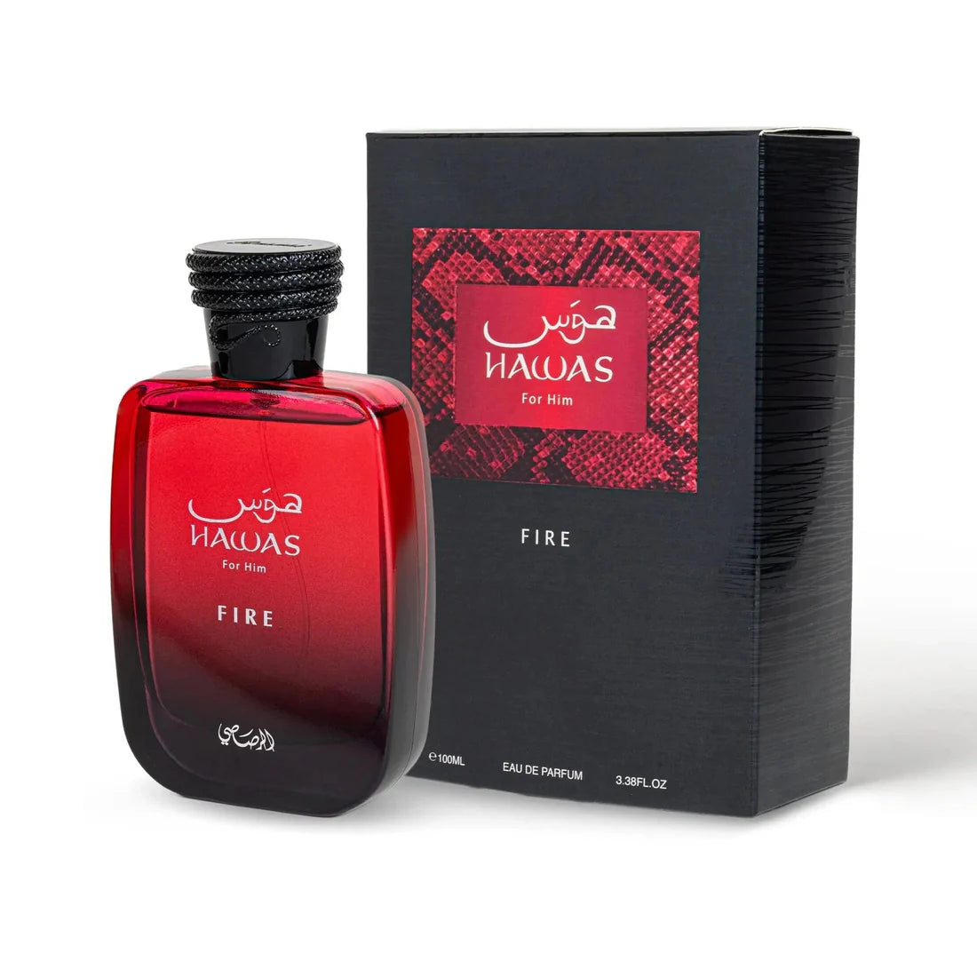 Parfymeflasken og esken side om side av Hawas Fire Perfume 100ml EDP Rasasi