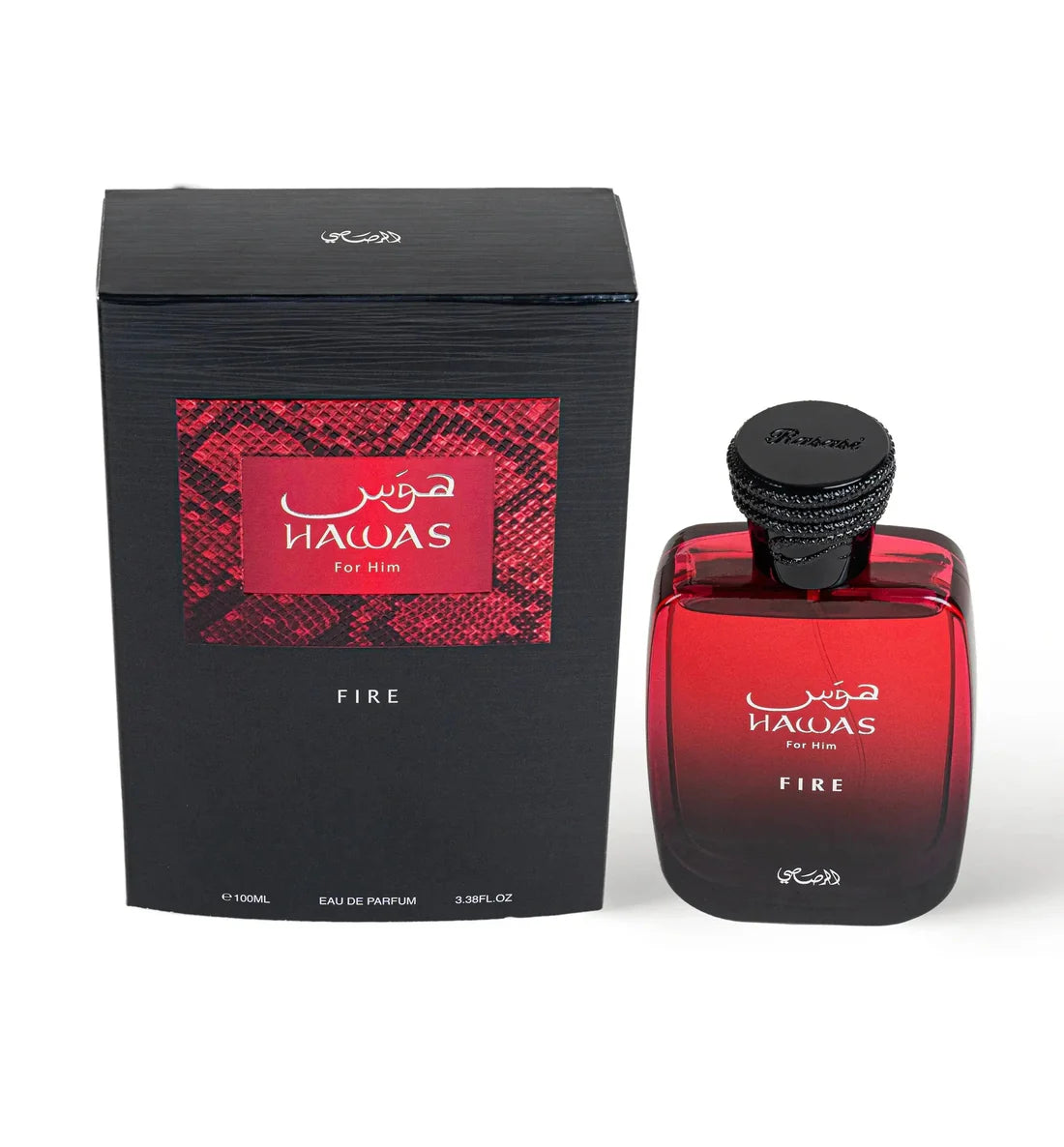 Esken og parfymeflasken side om side av Hawas Fire Perfume 100ml EDP Rasasi
