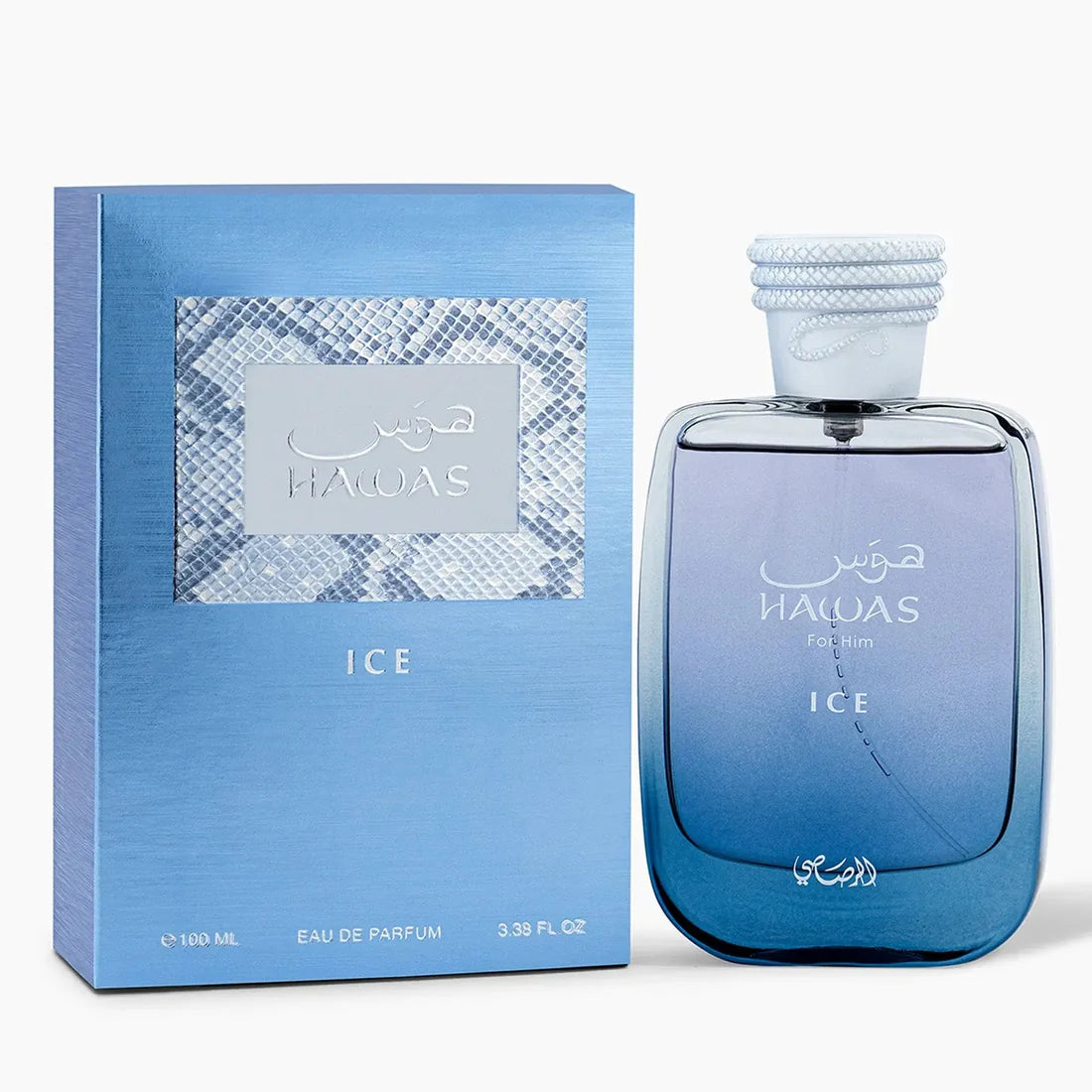 Esken og parfymeflasken side om side av Hawas Ice For Him Perfume 100ml EDP Rasasi