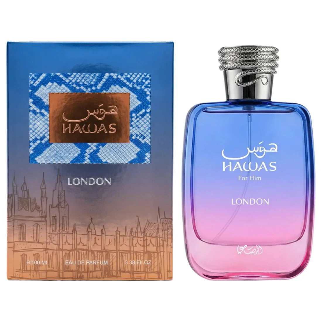 Esken og parfymeflasken side om side av Hawas London Perfume 100ml EDP Rasasi