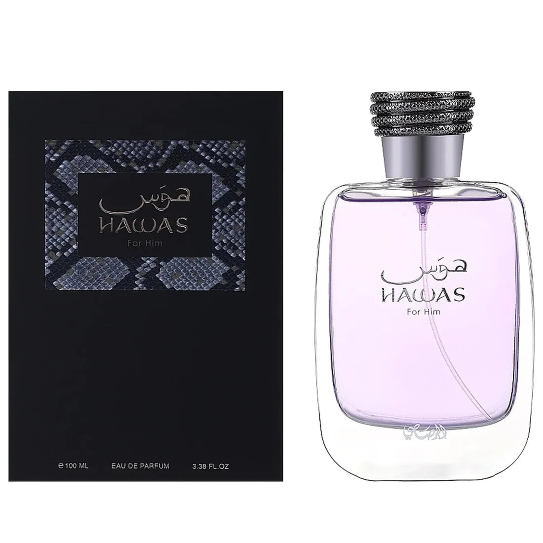 Esken og parfymeflasken side om side av Hawas For Him Perfume 100ml EDP Rasasi