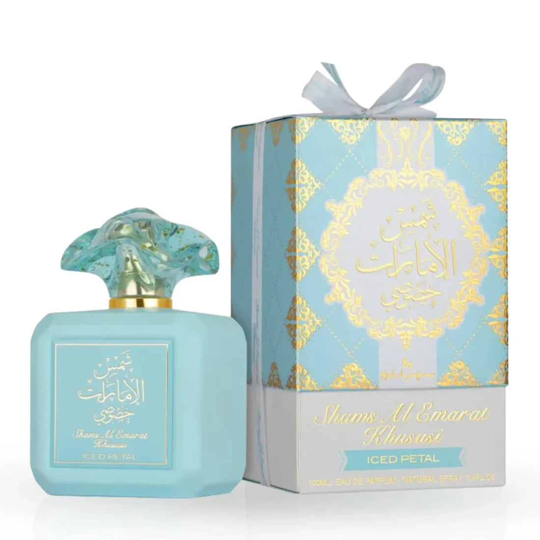 Parfymeflasken og esken side om side av Iced Petal Shams Al Emarat Khususi Perfume 100ml EDP Ard Al Zaafaran
