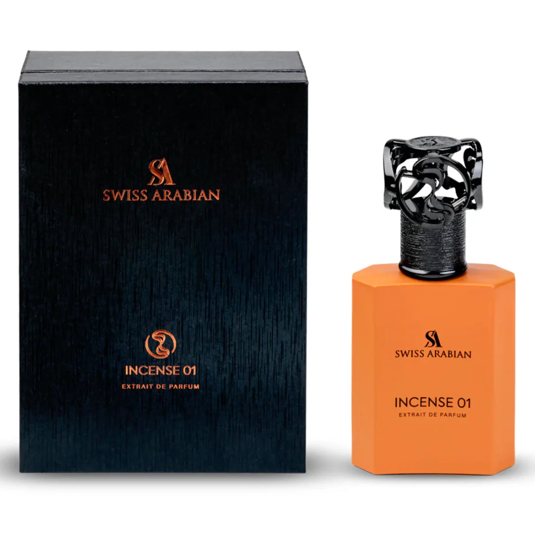 Esken og parfymeflasken side om side av Incense 01 Extrait De Parfum 50ml Swiss Arabian
