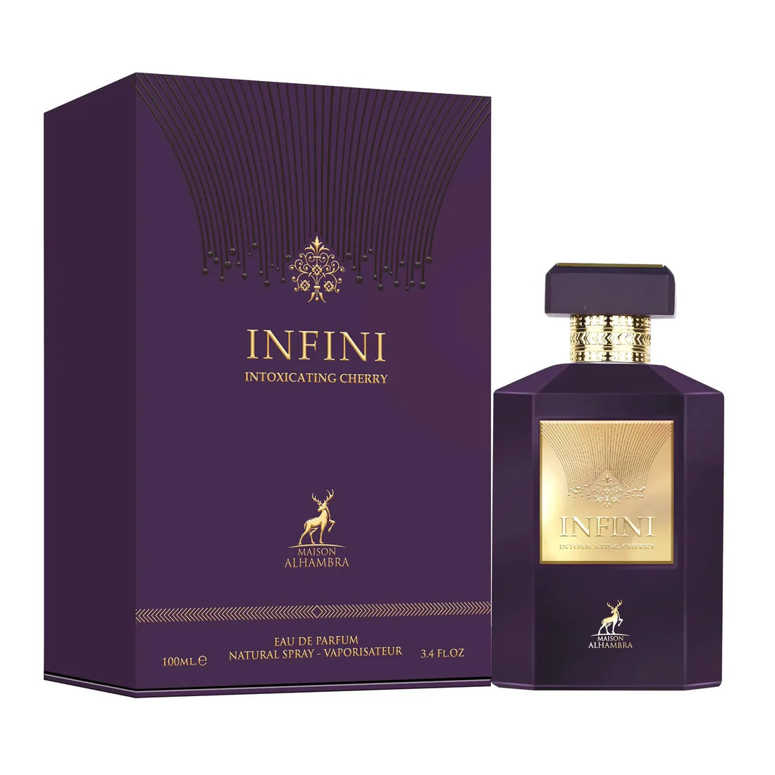 Bilde av esken og parfymeflasken side om side av Infini Intoxicating Cherry Perfume 100ml EDP Maison Alhambra
