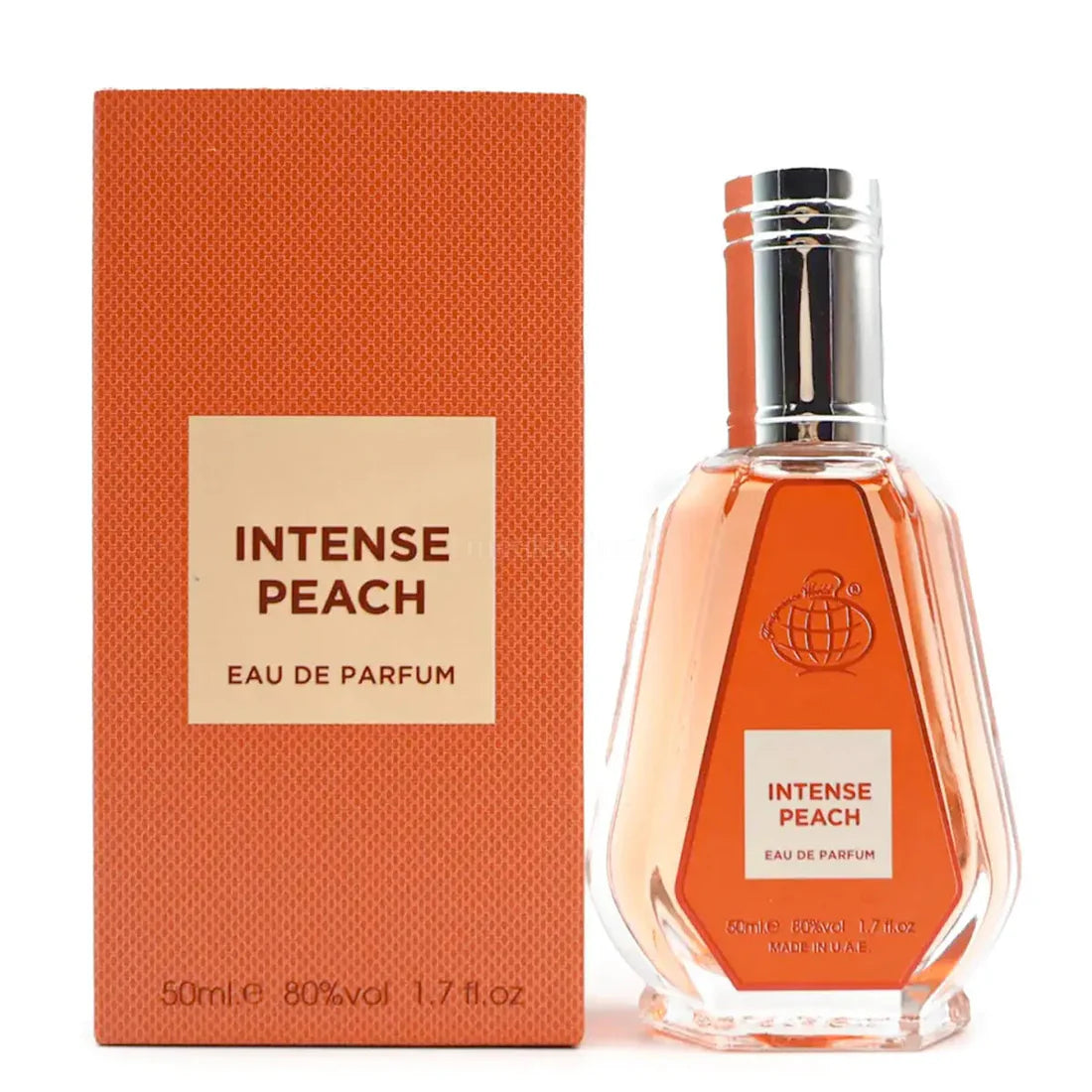 Esken og parfymeflasken side som side av Intense Peach Perfume 50ml EDP Fragrance World