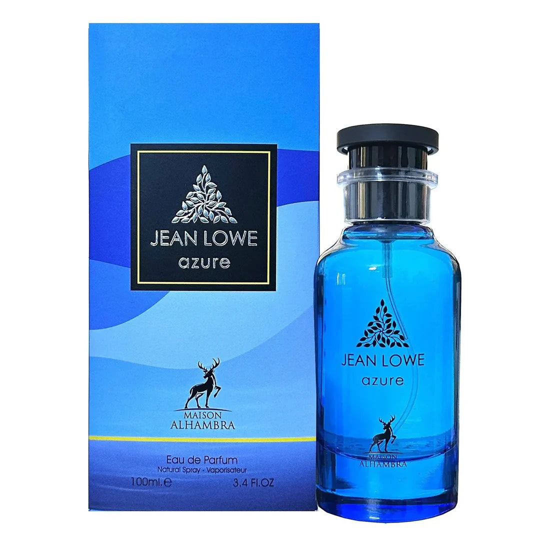 Esken og parfymeflasken side om side av Jean Lowe Azure Perfume 100ml EDP Maison Alhambra