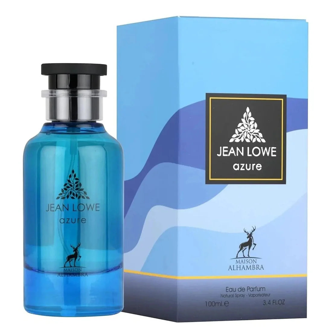 Parfymeflasken og esken til Jean Lowe Azure Perfume 100ml EDP Maison Alhambra side om side