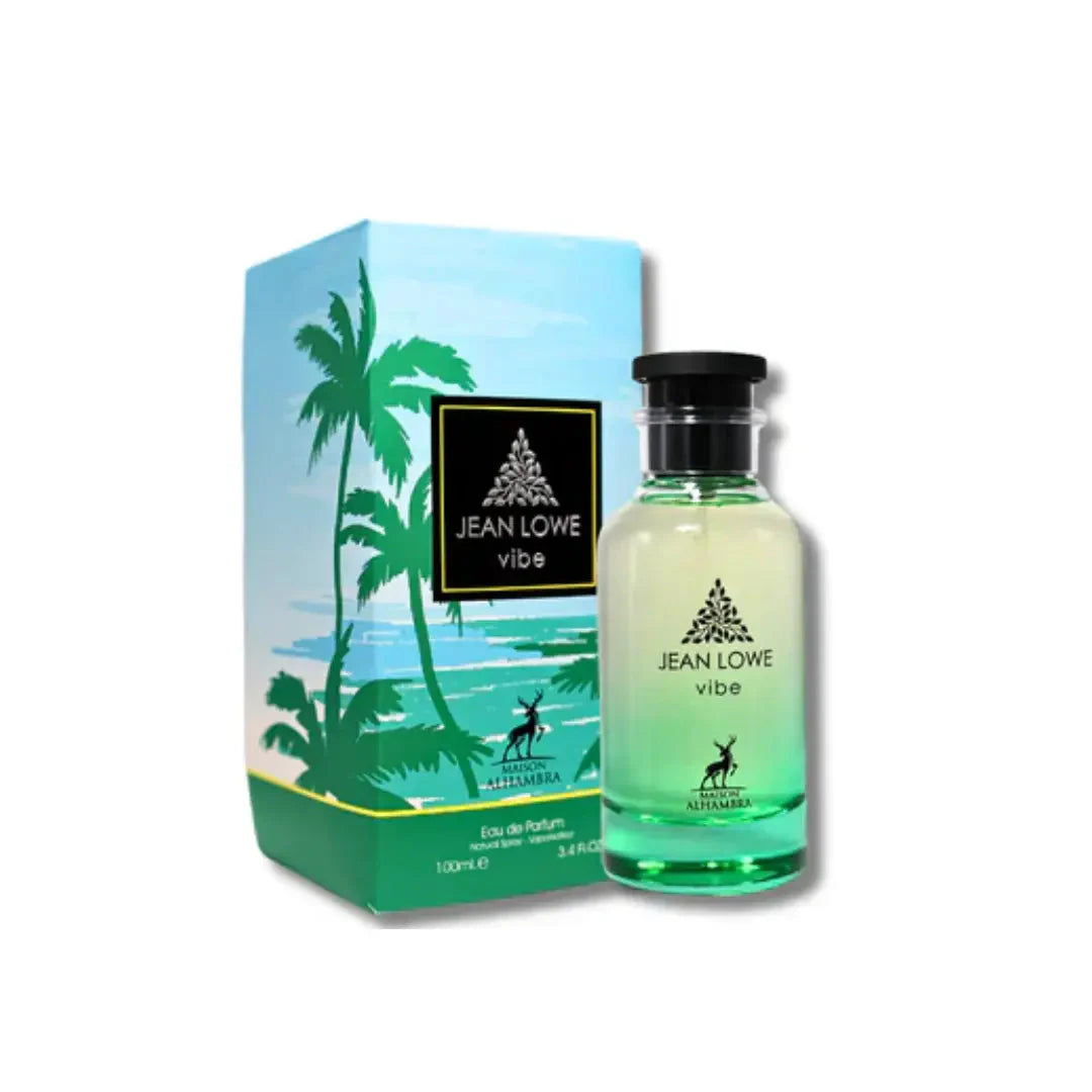 Esken og parfymeflasken side om side av Jean Lowe Vibe Perfume 100ml EDP Maison Alhambra