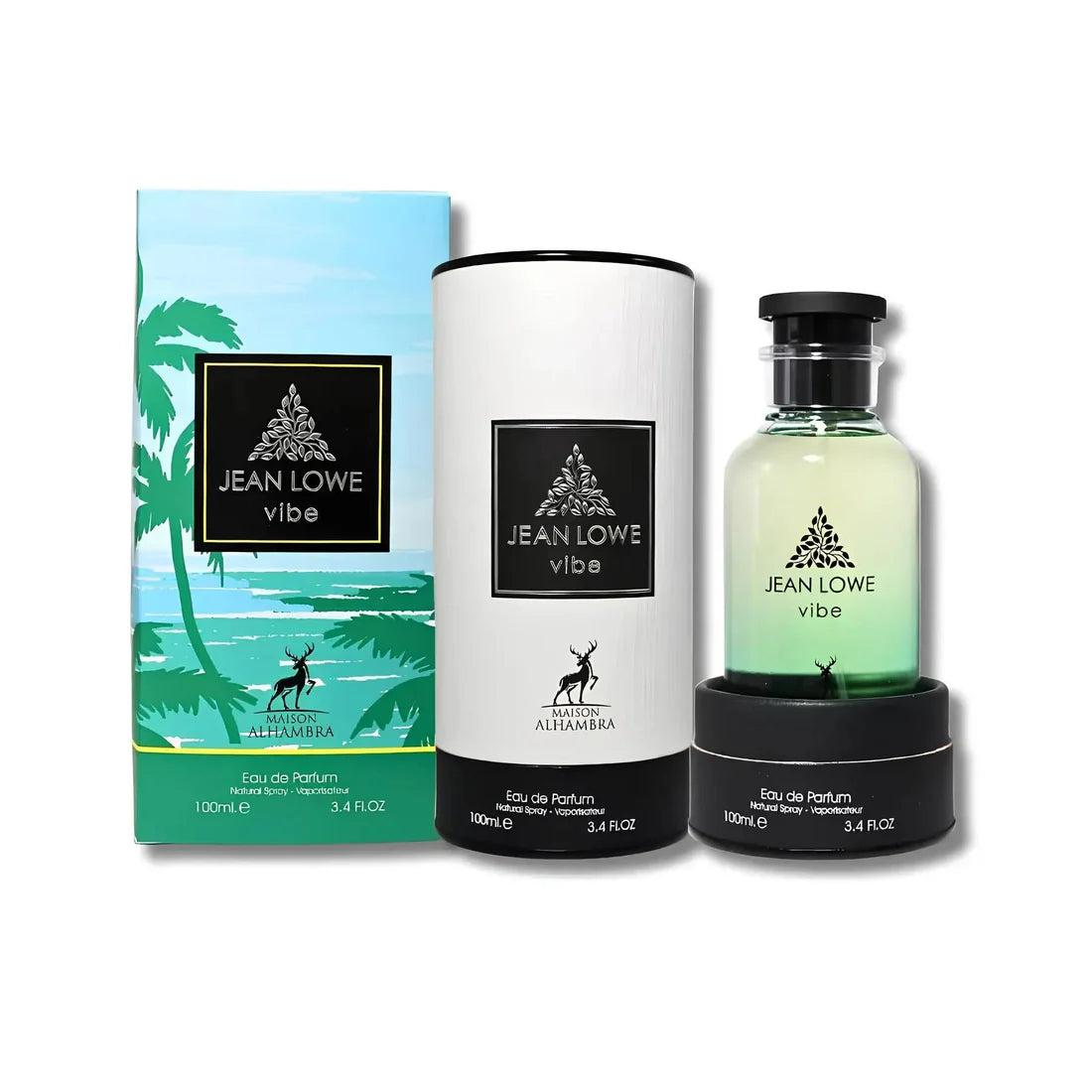 Esken og parfymeflasken side om side av Jean Lowe Vibe Perfume 100ml EDP Maison Alhambra