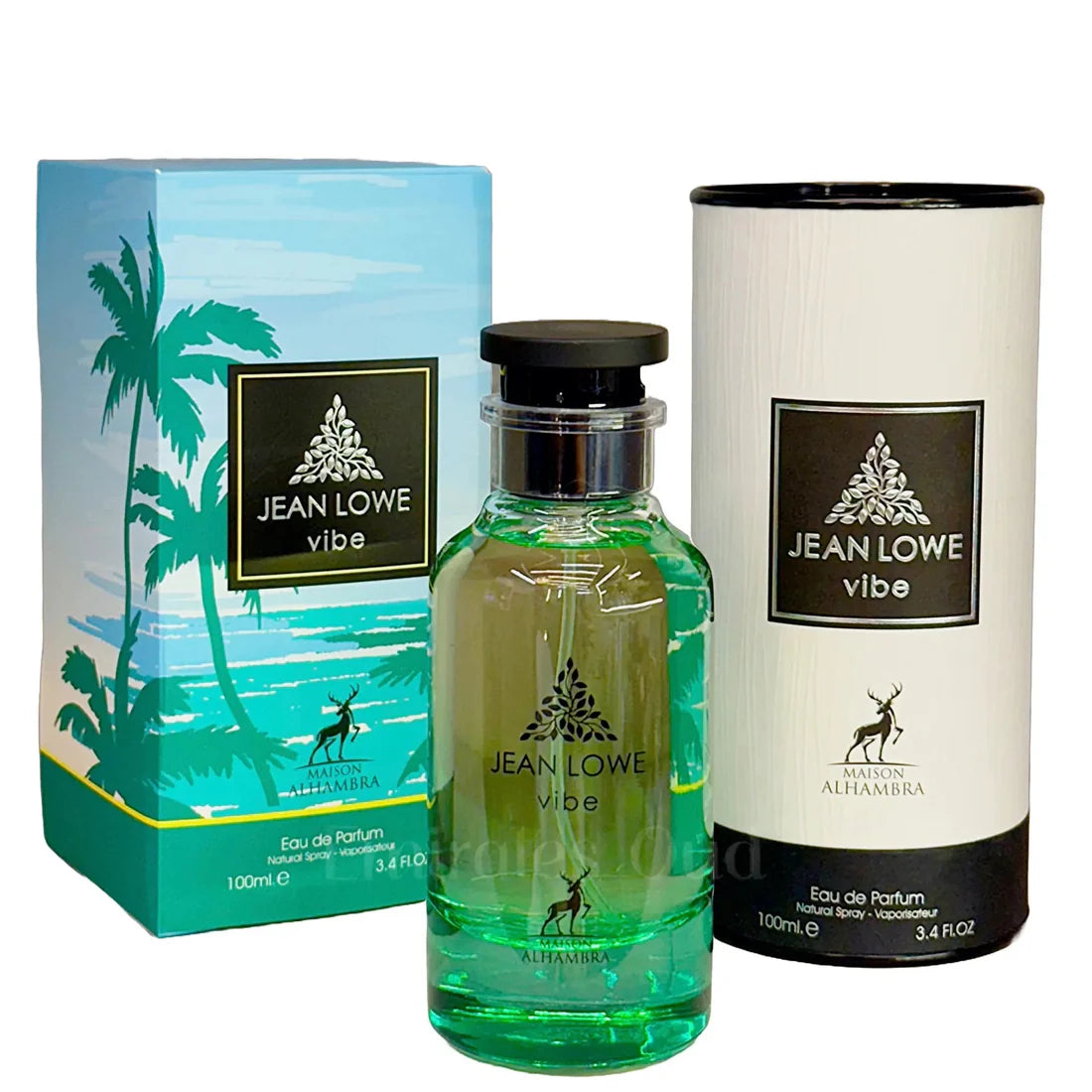 Eskene og parfymeflasken til Jean Lowe Vibe Perfume 100ml EDP Maison Alhambra