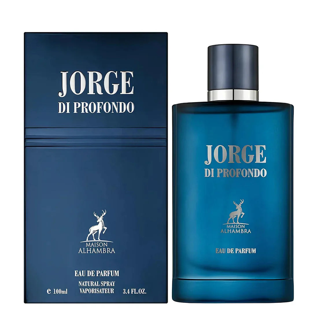 Esken og parfymeflasken side om side av Jorge di Profondo Deep Blue Perfume 100ml EDP Maison Alhambra