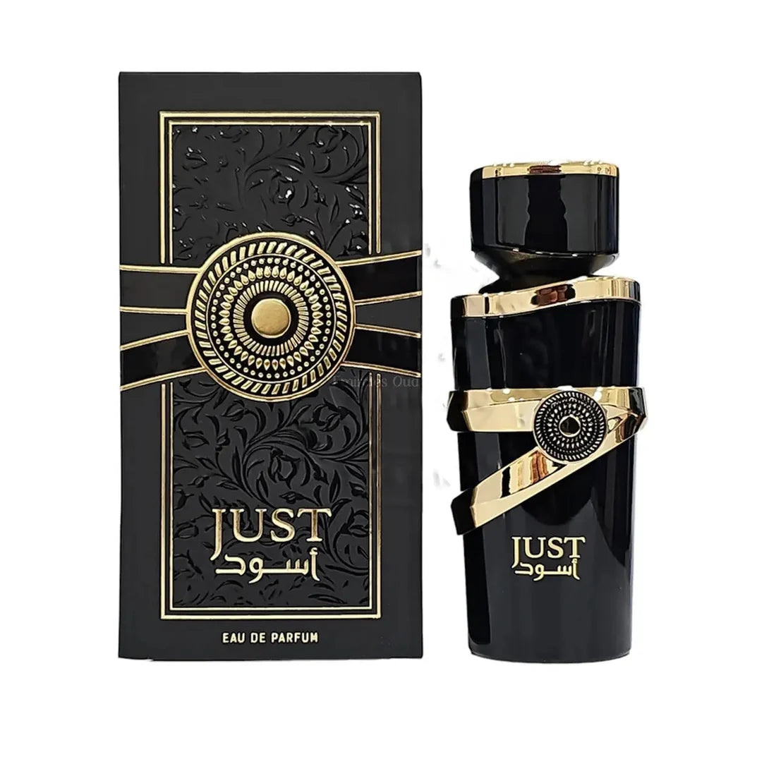 Esken og Parfymeflasken til Fragrance World Just Aswad parfyme
