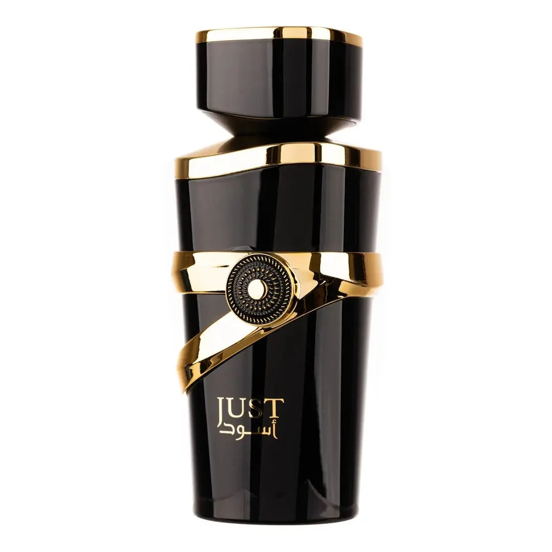 Parfymeflasken til Fragrance World Just Aswad parfyme